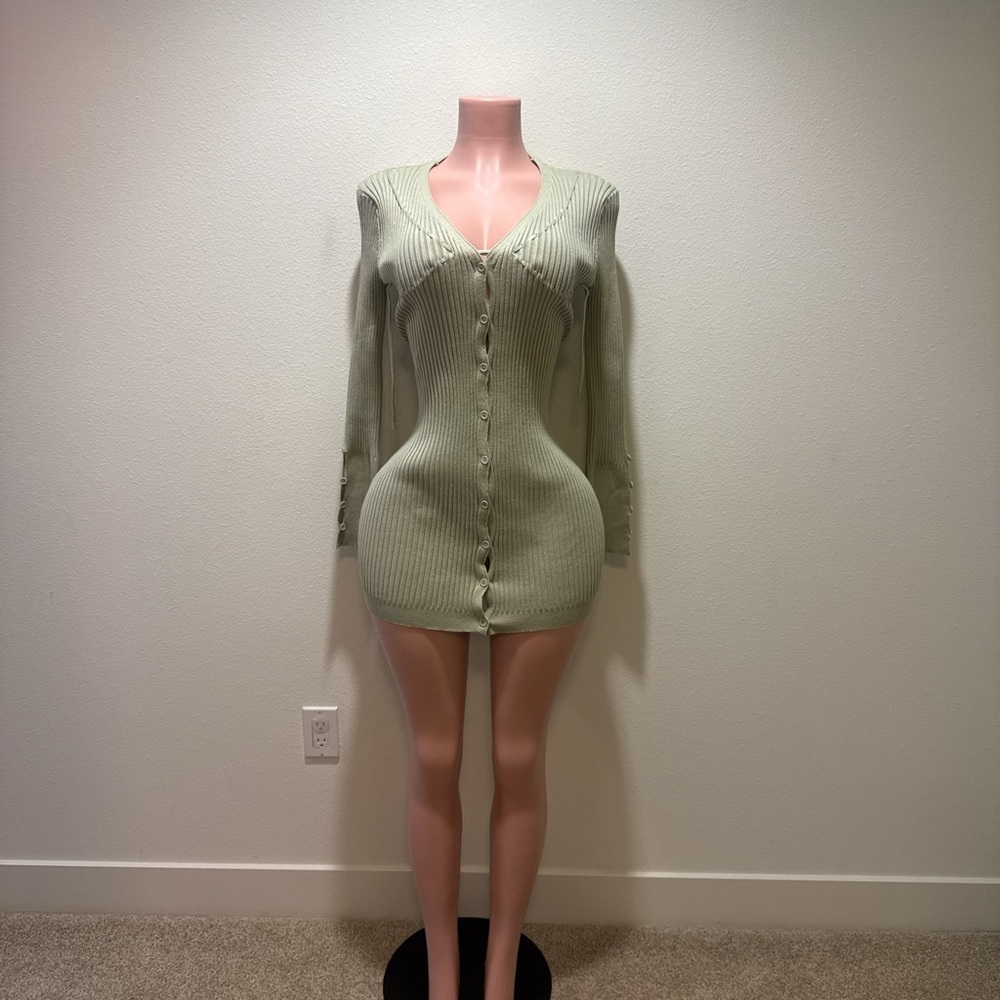Green Ribbed Button-Up Dress